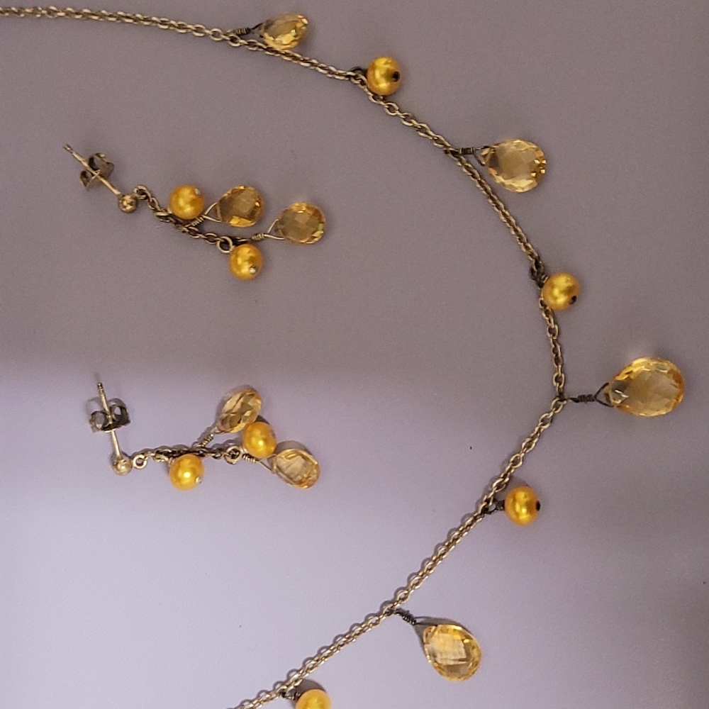 Genuine Citrine and Pearl Necklace and Earrings